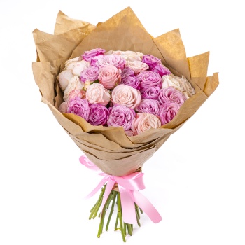 21 разноцветная кустовая роза в крафте