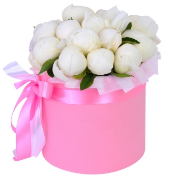 Букет из 15 белых пионов в розовой шляпной коробке