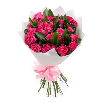 Букет из розовых кустовых роз и рускуса