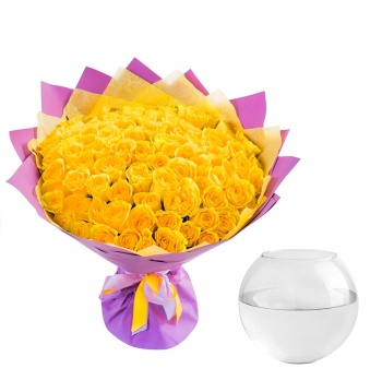 101 желтая роза - ваза в подарок!