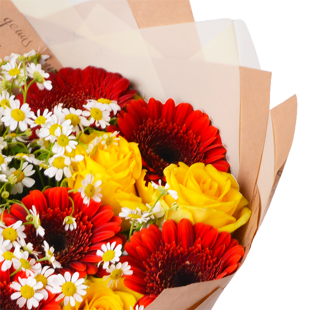 Букет с розой, герберой и танацетумом