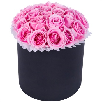 Букет из 21 розовой розы premium в черной шляпной коробке