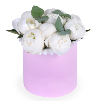 Букет из 9 белых пионов с эвкалиптом в розовой шляпной коробке