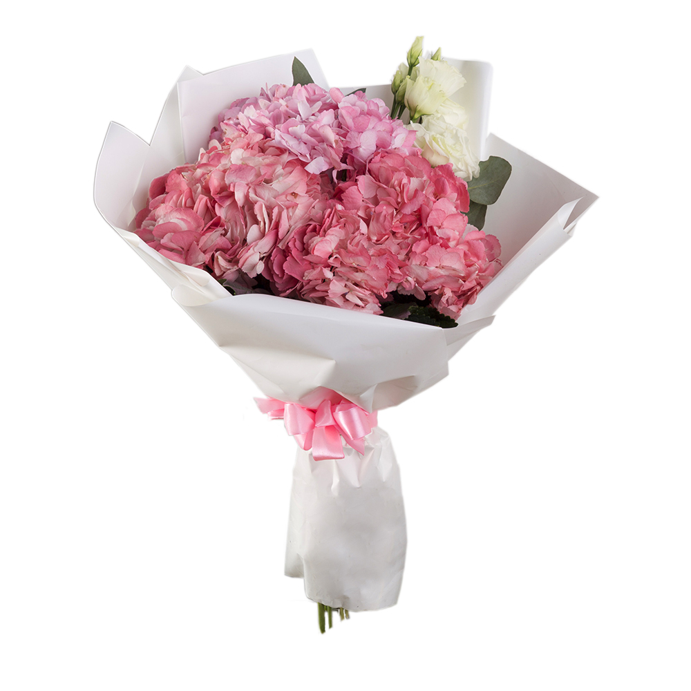 Букет с гортензией, эустомой и эвкалиптом