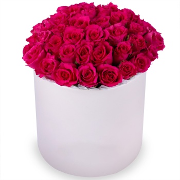 35 малиновых роз в кремовой шляпной коробке