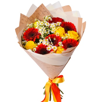 Букет с розой, герберой и танацетумом