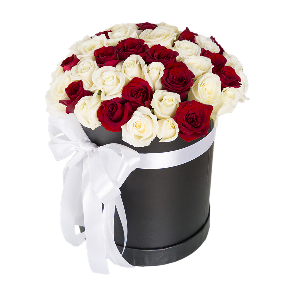 51 красная и белая роза в шляпной коробке