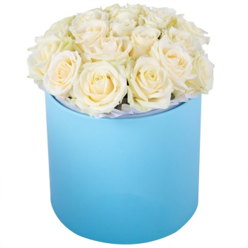 Букет из 21 белой розы premium в голубой шляпной коробке
