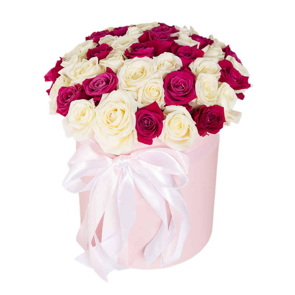 51 малиновая и белая роза в шляпной коробке