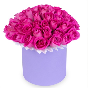 Букет из 35 розовых роз в фиолетовой шляпной коробке
