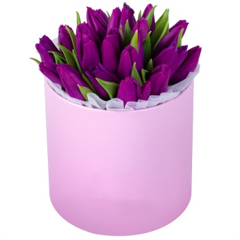 25 фиолетовых тюльпан в розовой шляпной коробке