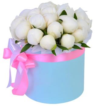 Букет из 19 белых пионов в голубой шляпной коробке