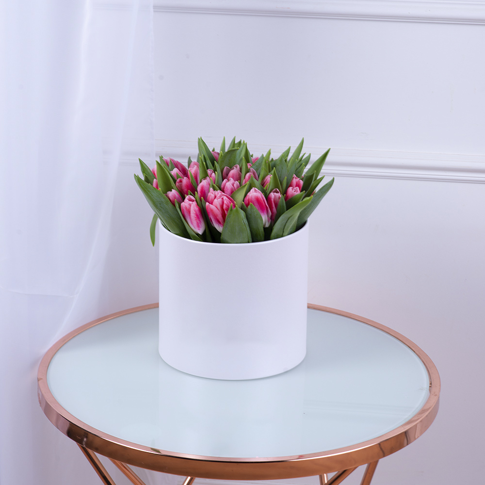 51 Бело-малиновый тюльпан в белой шляпной коробке