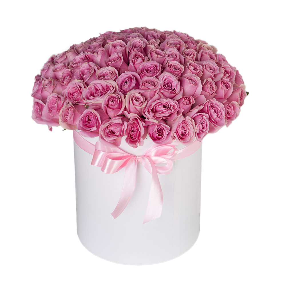 101 розовая роза в шляпной коробке