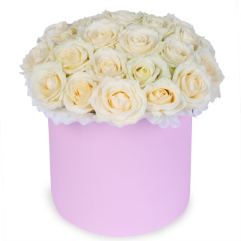 25 белых роз premium в розовой шляпной коробке